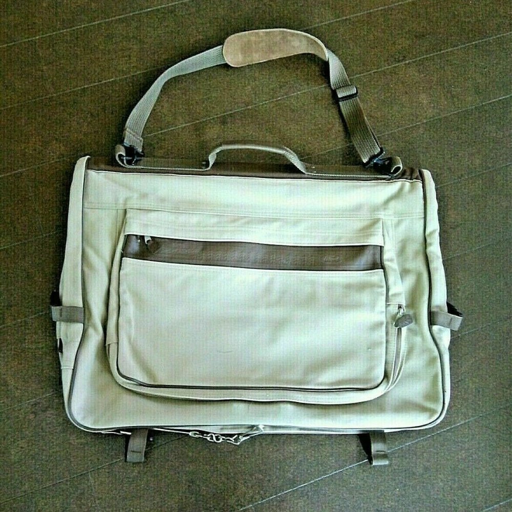 Eddie Bauer Ford Edition Khaki Canvas Leather Garment Bag Luggage Travel Carry
